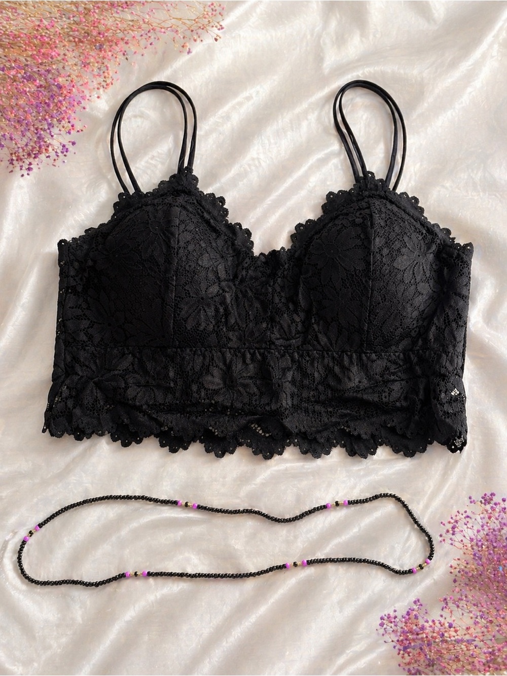 Black Lace Bralette Crop Top - Matching Belly Beads